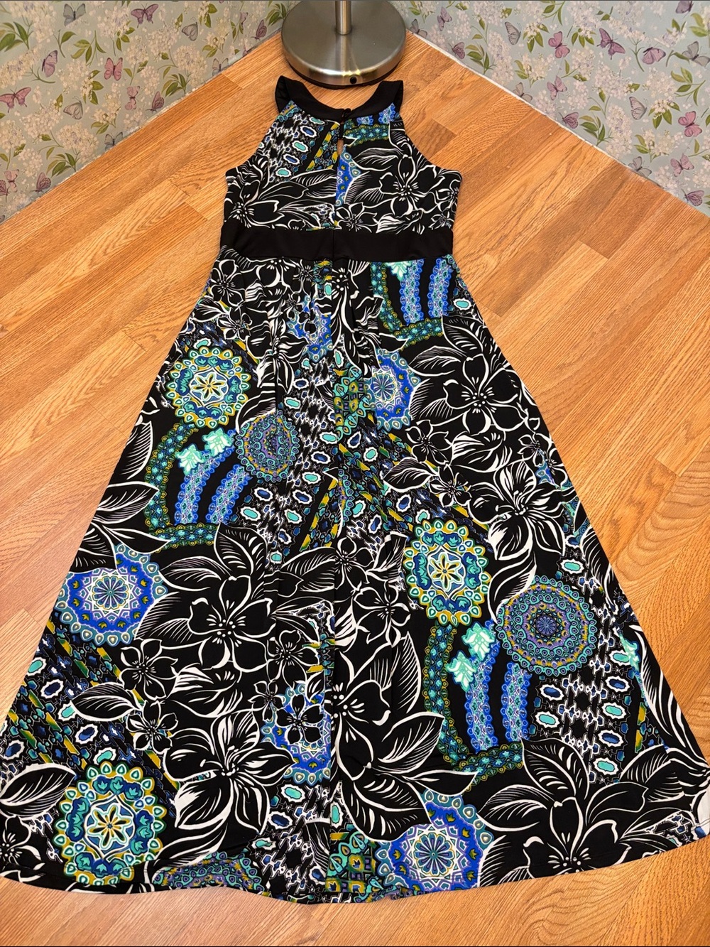 RN Studio By Ronnie Nicole embellished beaded black and teal floral maxi Size 14 - Picture 9 of 17